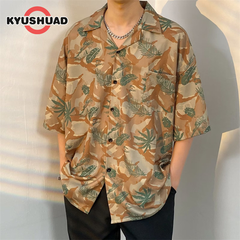 KYUSHUAD Men's beach resort style Hawaiian short-sleeved shirt V-neck printed loose buttoned short-sleeved shirt ราคา 162 บาท*ส่งฟรี