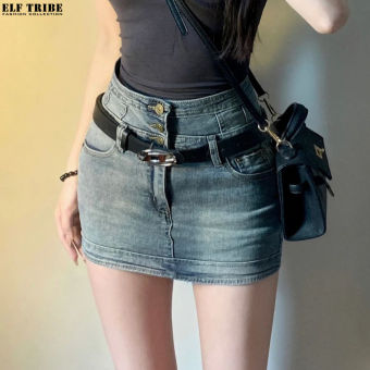 ELF TRIBE Váy ngắn denim cạp cao cho co giãn cho nữ bó sát váy hông