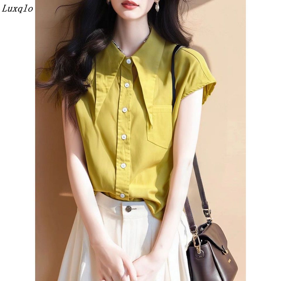 Luxqlo Women Shirt Korean Style Summer Short Sleeve Yellow Blouse Fashion Office Tops 2025 ราคา 255 บาท*ส่งฟรี
