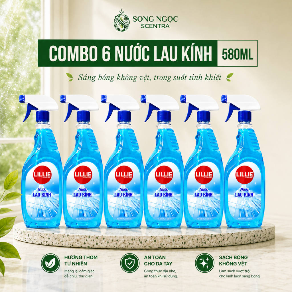 (COMBO 6 TIẾT KIỆM) Nước thơm lau kính LILLIE by Caroline 580ml hương hoa, làm sạch không gian trong lành