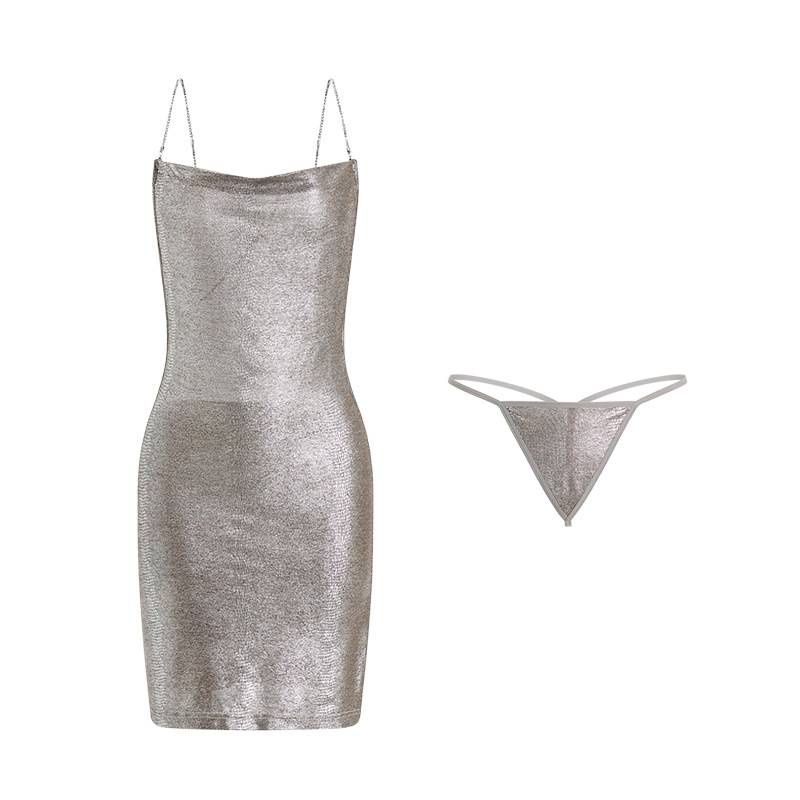 Women Sexy Deep V Backless Metal Chain Slim Sling Silk Nightdress Set Uniform Temptation Suit - Image 2