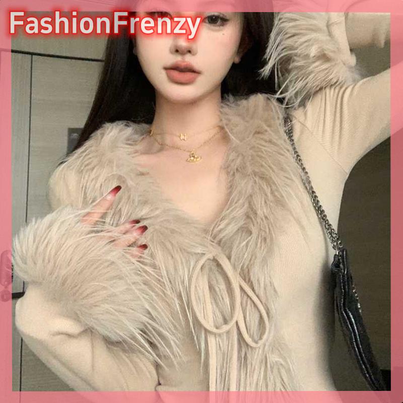 FashionFrenzyY Hàn Quốc HOT GIRL Furry v-cổ dài tay áo bất thường Slim ngắn áo len cardigan