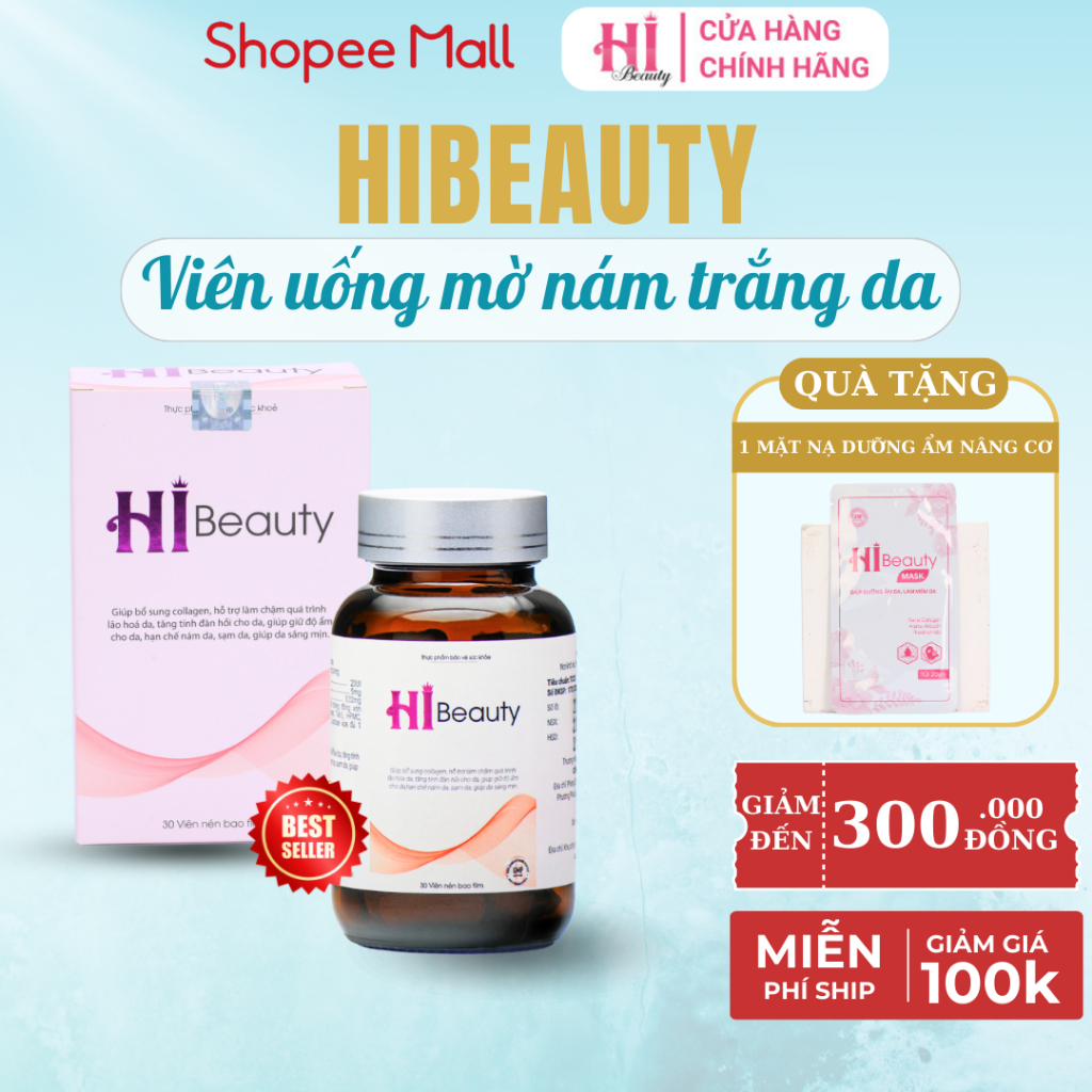 Viên uống trắng da Hi Beauty - Dưỡng trắng da, mờ thâm nám, phục hồi da ( Hộp 30 viên)