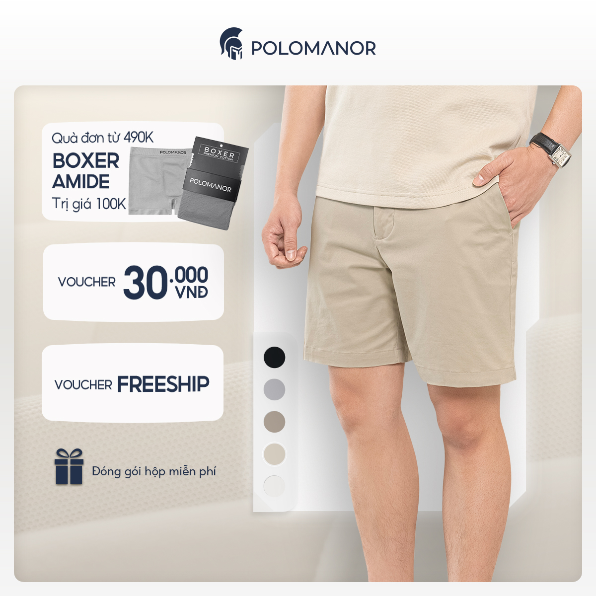 Quần short nam ngắn POLOMANOR vải kaki xuất xịn, lưng đai thun, co giãn 2 chiều, chuẩn form