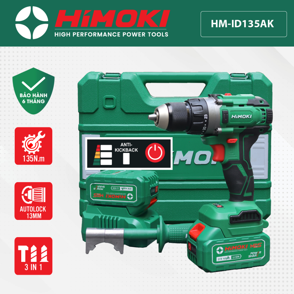 Máy Khoan Pin Himoki HM-ID135AK Máy khoan pin 3 chức năng Máy khoan pin không chổi than Pin 10 cell Đầu khoan 13mm