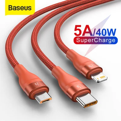 Baseus 40W 3 in 1 Quick Charging USB Cable For iphone 13 Pro Max 12 5A Type-C Micro Fast Charging Cable For Samsung S20 HuaWei Macbook Pro ipad