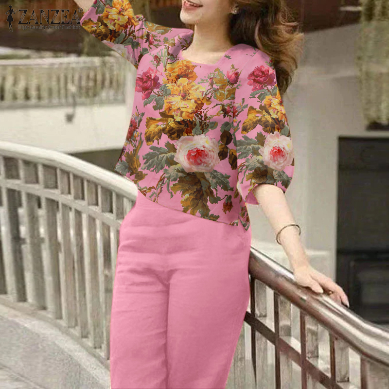 HijabFab ZANZEA Womens 2PCS Sets Casual Floral Printed O-Neck Blouse Loose Pants Suits Terno Outfits #15 ราคา 446 บาท*ส่งฟรี