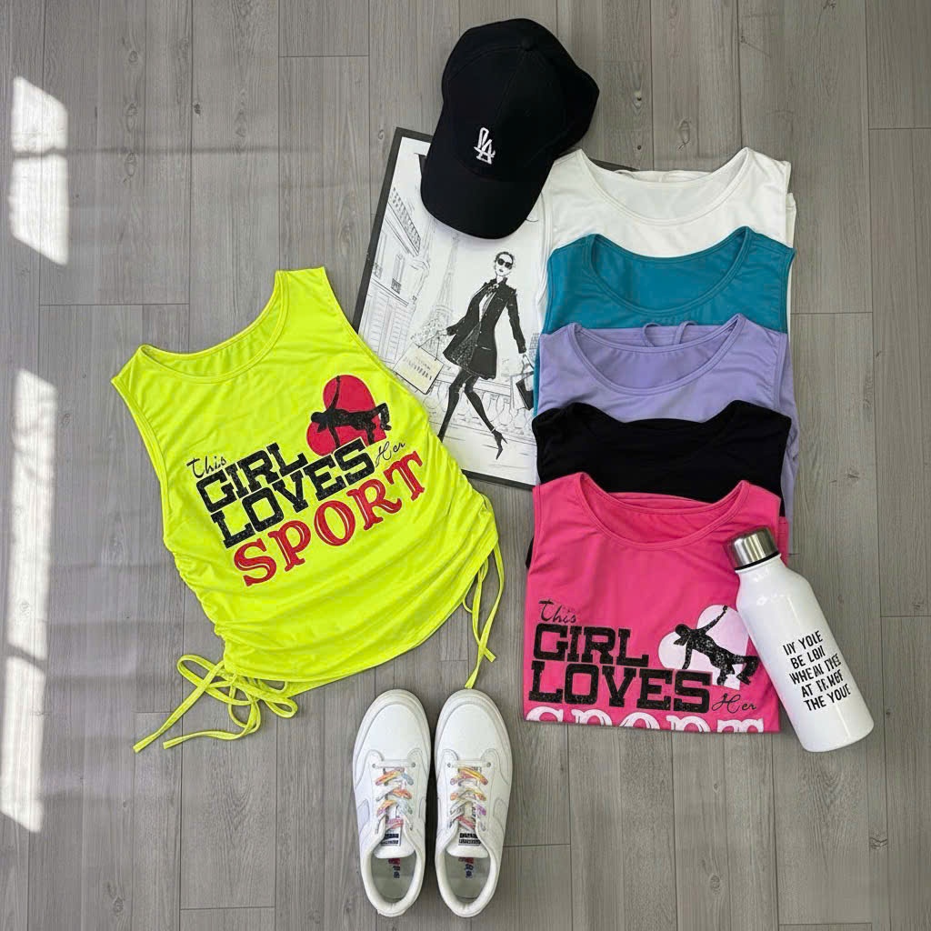 Áo Ba Lỗ Croptop Nữ Tập Gym Thể Thao Rút Dây Cá Tính - In Chữ "This Girl Loves Her Sport"