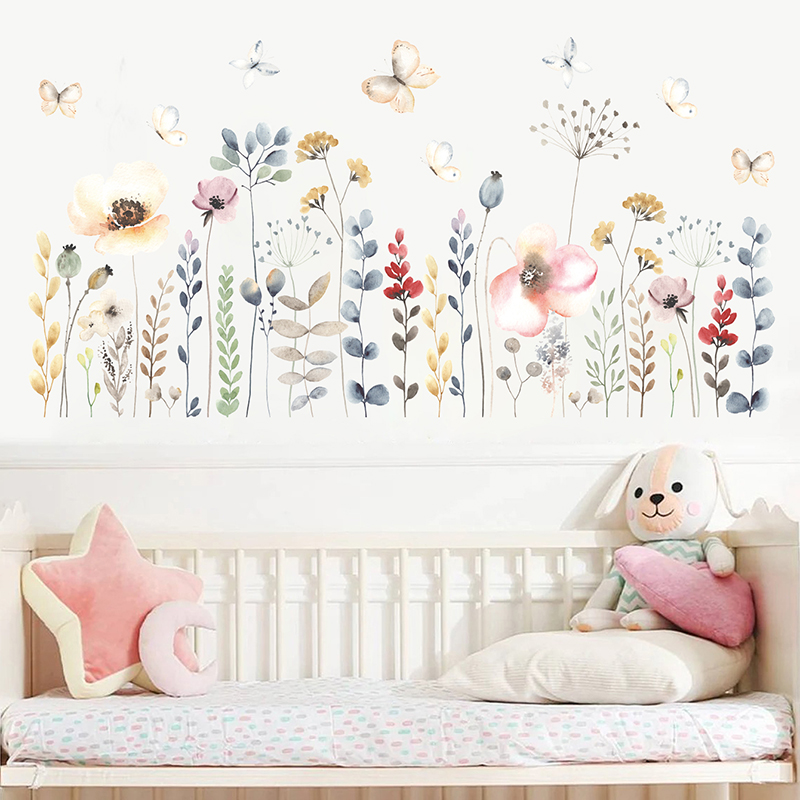 Boho Style Flowers And Plants Wall For Living Room Bedroom Baseboard Wall Decals Kids Room Decorative Murals