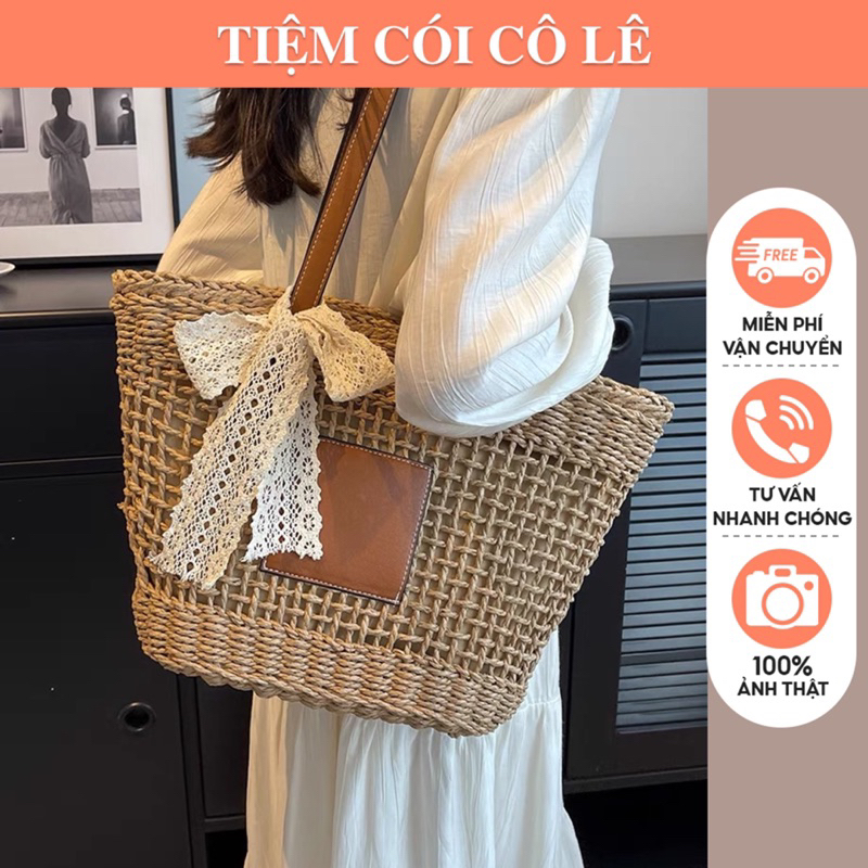 Túi cói giỏ cói tag da đan thưa quai da xịn xò đi biển-Tiệm Cói Cô Lê
