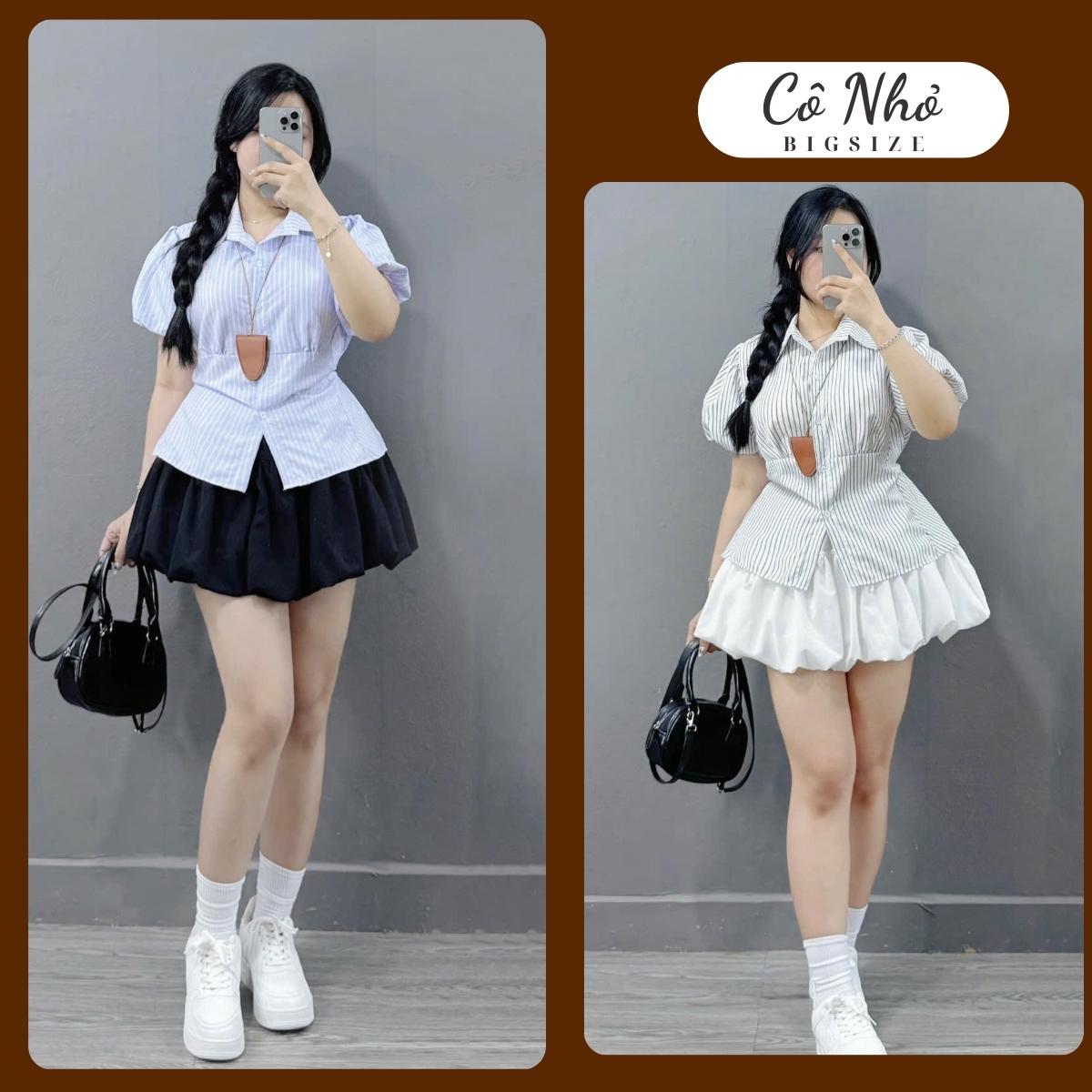  Set đồ bigsize nữ áo sơ mi tay phồng kẻ sọc kèm chân váy bí lưng thun co giãn  có quần bảo hộ  - SM189+CV413 