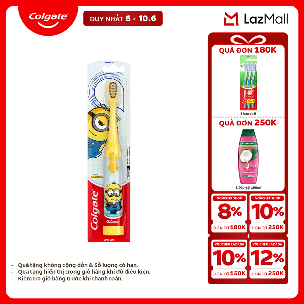 [Chỉ 6-10.6_X2 Voucher giảm 22%] Bàn chải điện Colgate Minion dành cho trẻ em làm sạch sâu dịu nhẹ