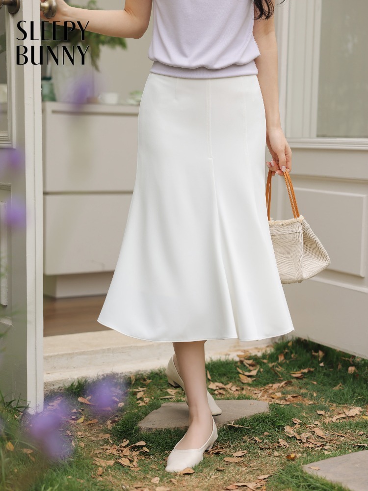 SLEEPY BUNNY Women French High Waist White Midi Skirt Lady Spring Petite A Line Hip Cover Flowy Fishtail Dress Chic Casual Daily Wear Office ราคา 1,544 บาท*ส่งฟรี
