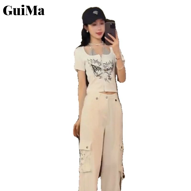 Quần túi hộp cạp cao nữ mùa hè thiết kế mới Quần ống đứng giản dị