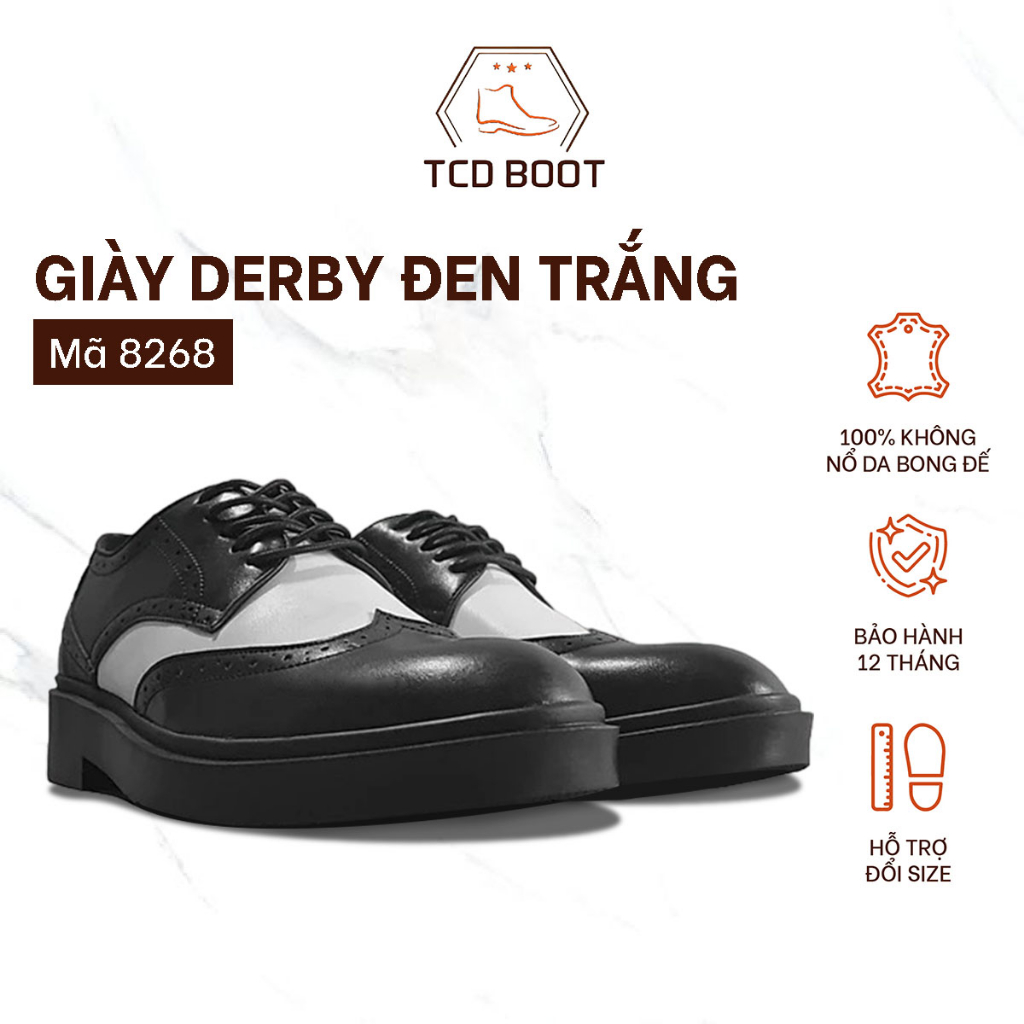 Giày nam, giày da nam phối màu đen trắng phong cách, giày derby wingtip black white cao cấp - xưởng giày chelsea boot