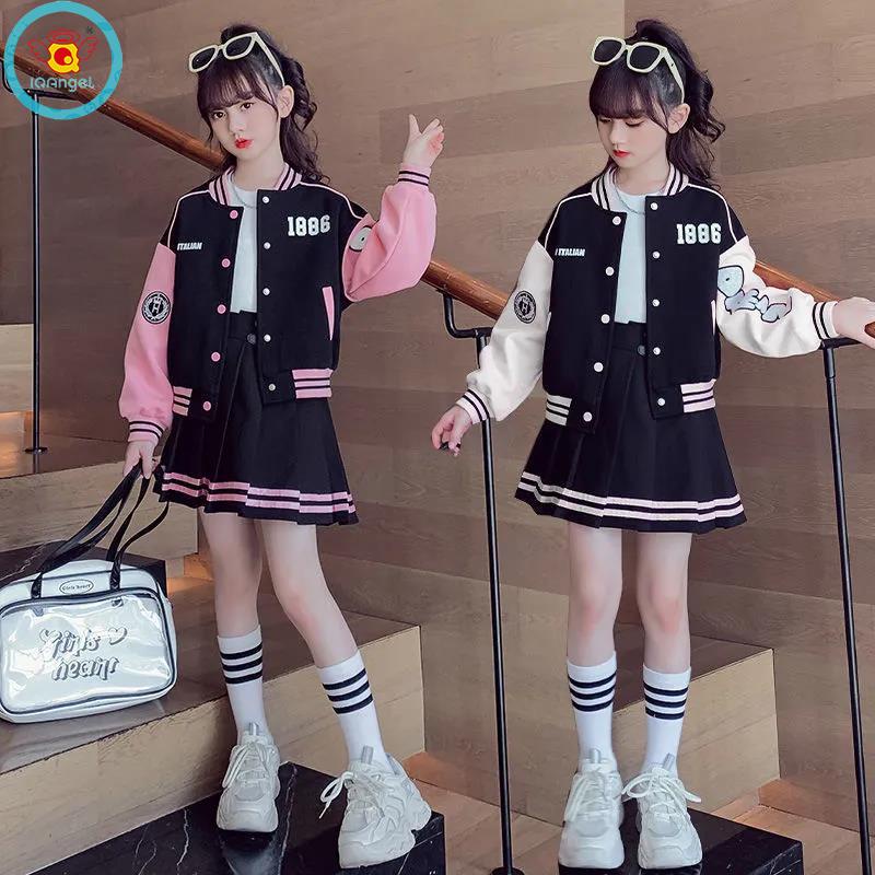 WGB Bộ đồ thể thao IQ ANGEL áo khoác bóng chày phối chân váy xếp ly kiểu Hàn Quốc thời trang xuân thu cho bé gái