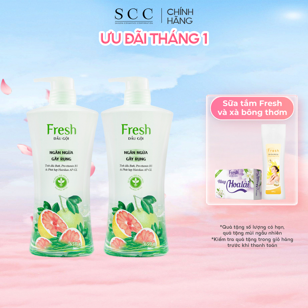 Combo 2 Dầu Gội Fresh Thiên Nhiên Giảm Gãy Rụng Tinh Dầu Bưởi 650g Chính Hãng
