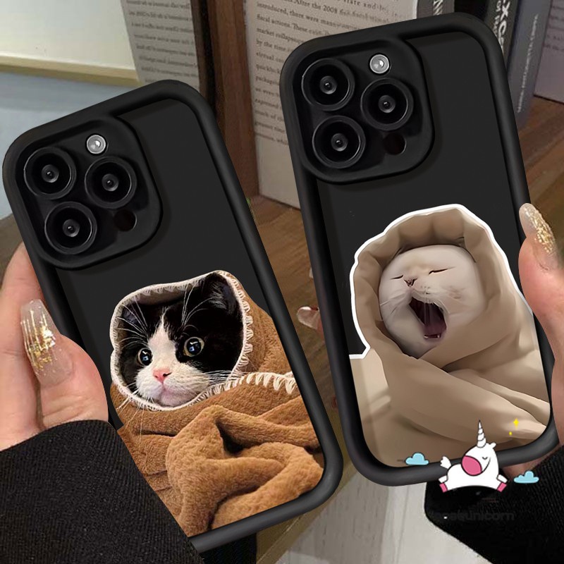 Caseunicorn Ốp cặp đôi mèo con lười biếng mờ phim hoạt hình đơn giản tương thích cho iPhone 12 11 14 15 13 Pro Max 7 Plus XR XS Max 15 6S 8 6 7 Plus SE 2020 mèo nhỏ dễ thương mắt thiên thần vỏ mềm chống sốc