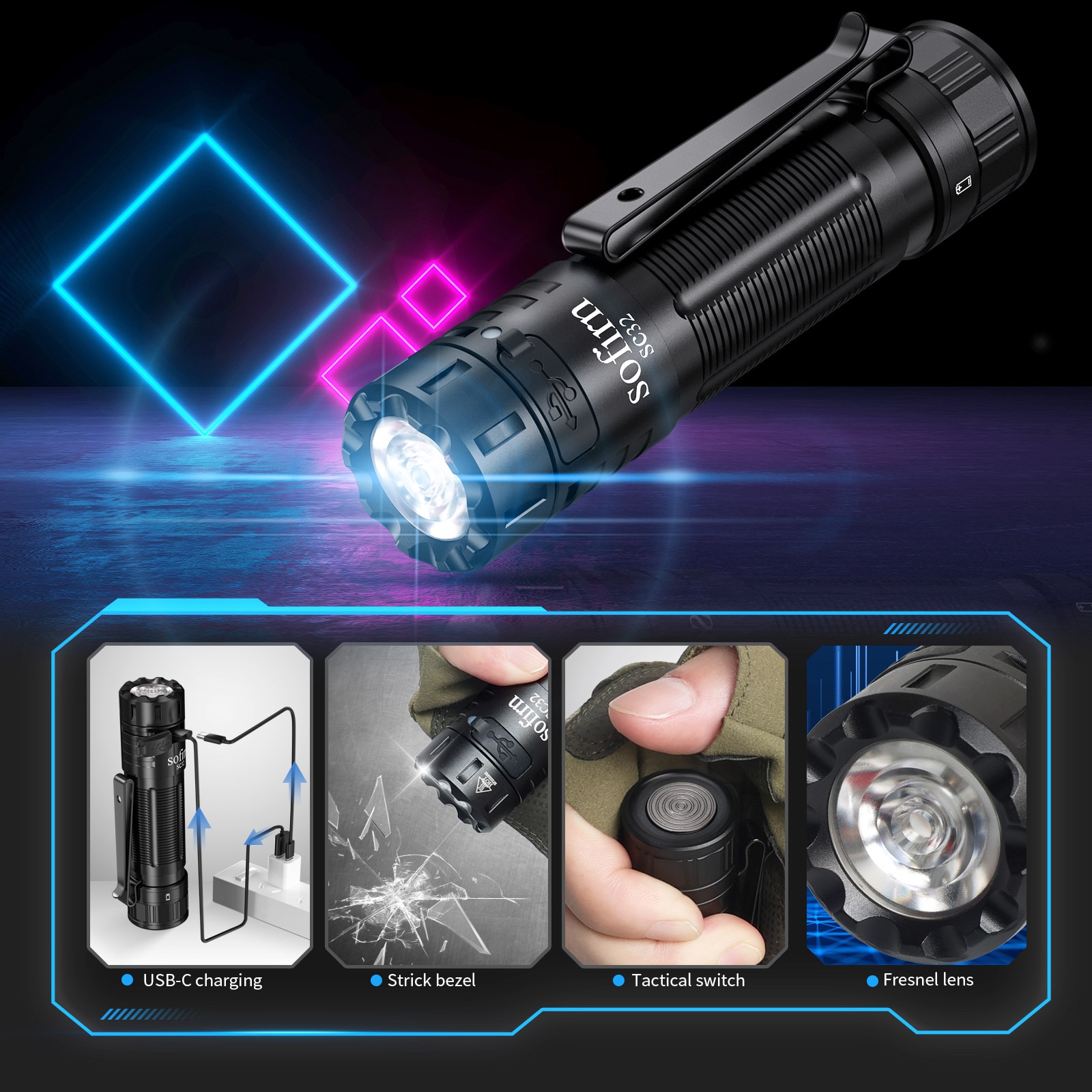 Sofirn SC32 LED Flashlight 1900lm USB C Rechargeable 18650 P