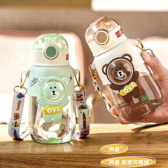 Gấu Dễ Thương Nhựa Ống Hút Cốc Hoạt Hình Trẻ Em Cốc Nhựa Mùa Hè Dung Tích Lớn Ngoài Trời Cốc Nước Di Động Dây Đeo Nước  lzb035