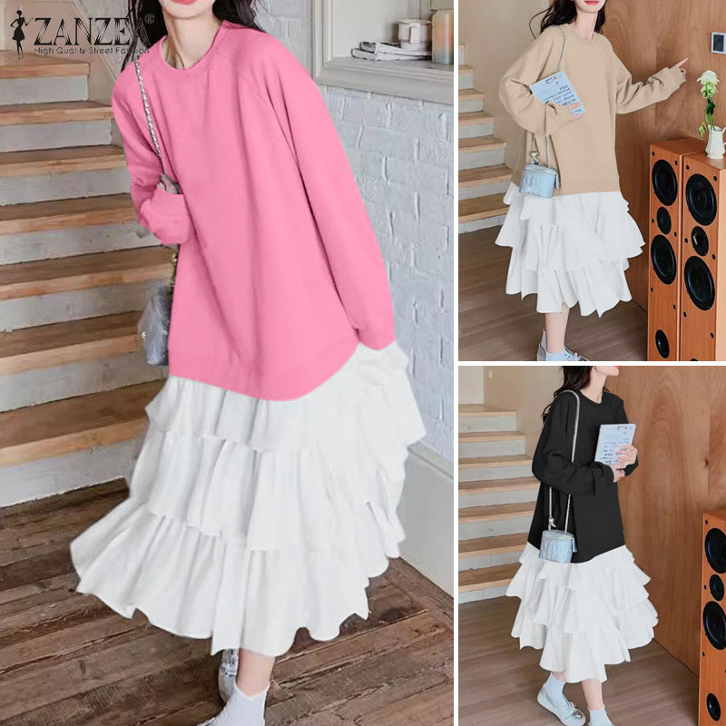 Esolo ZANZEA Korean Style Womens New Fashion Layered Cake Dress Contrast Splicing Sweet Girlish Dresses KRS #0224 ราคา 524 บาท*ส่งฟรี