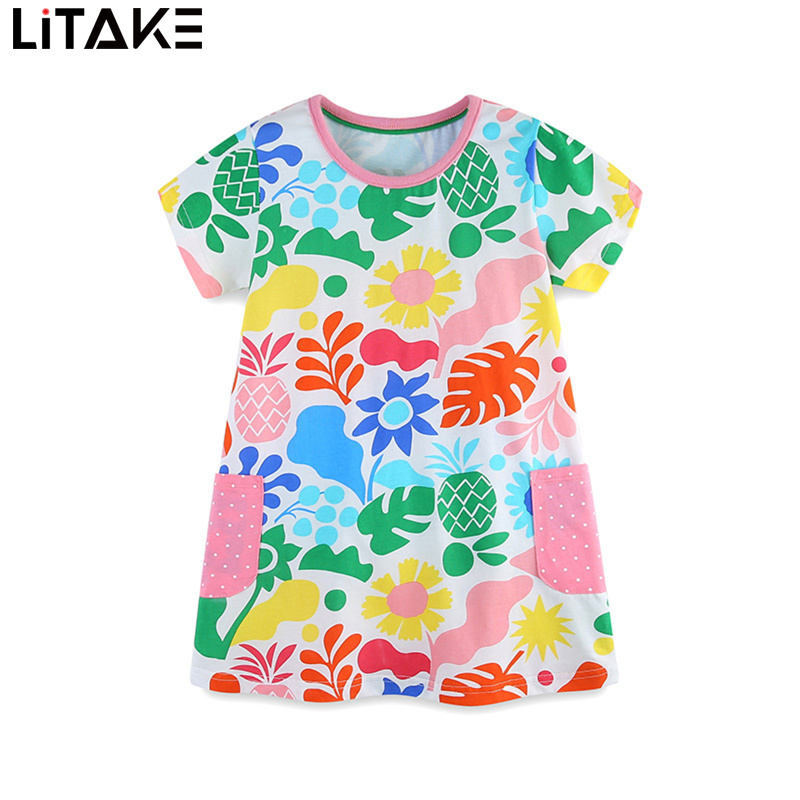Girl Summer Casual Dress Children's Cotton Round Neck Short Sleeve Cartoon Printed Princess Dress - ยี่ห้อ Litake ราคา 210 บาท*ส่งฟรี