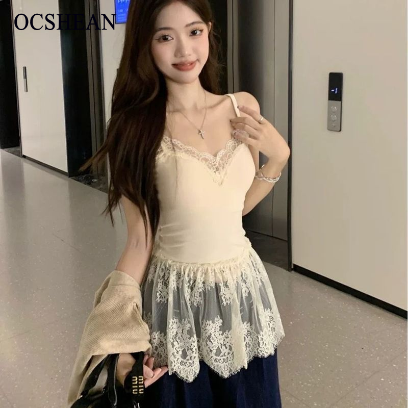 OCSHEAN เสื้อกล้ามสายเดี่ยวลายลูกไม้คอวีสไตล์เพียวๆสำหรับผู้หญิงที่มีแผ่นรองหน้าอกพร้อมม่านผายลมเย็บตาข่ายเสื้อแขนกุด ราคา 149 บาท*ส่งฟรี