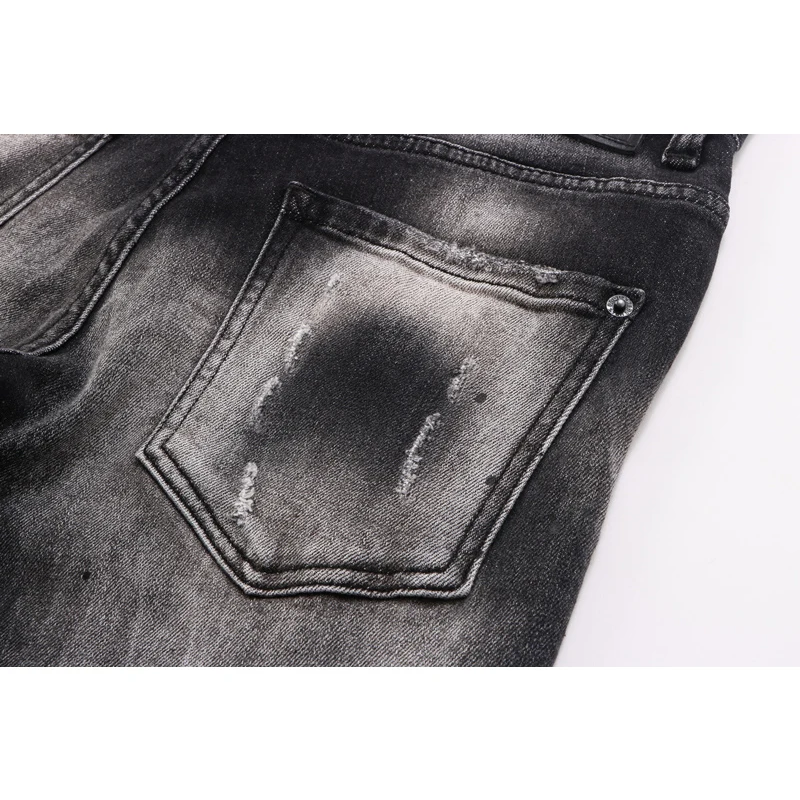 【A Popular】  Street Fashion Men Jeans Retro Black Gray Elastic Stretch Slim Fit Hole Ripped Jeans Men Patched Designer Hip Hop Brand Pants