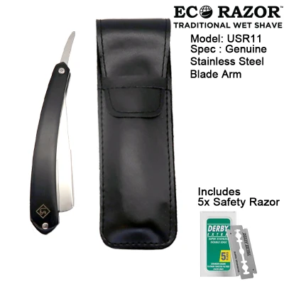 Ubersuave Eco-Razor Black Wood Straight Edge Razor w/ Faux Leather Sleeve Pouch