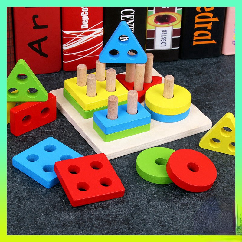 Trẻ em khối gỗ Bốn cột hình dạng hình học ghép màu Trò chơi đồ chơi gỗ bé