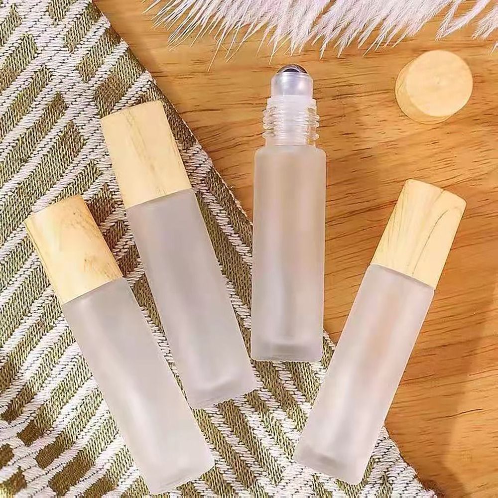 WINGSTORE13E8 5/10ml Empty Bottle Wood Grain Cover Roll on Steel Ball Glass Dropper Refillable Frosted Glass Essential Oil Vials Perfume Oil Cream
