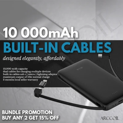 Arccoil Power Bank C19 Built-in Cables 10000 mAh