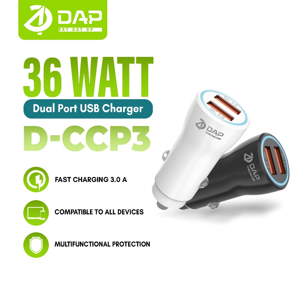 DAP D-CCP3 Car Charger 36 Watt ( Dual Port USB QC 3.0 ) Fast Charging - Garansi 1 Tahun Harga 36,432 rupiah*Gratis Ongkir