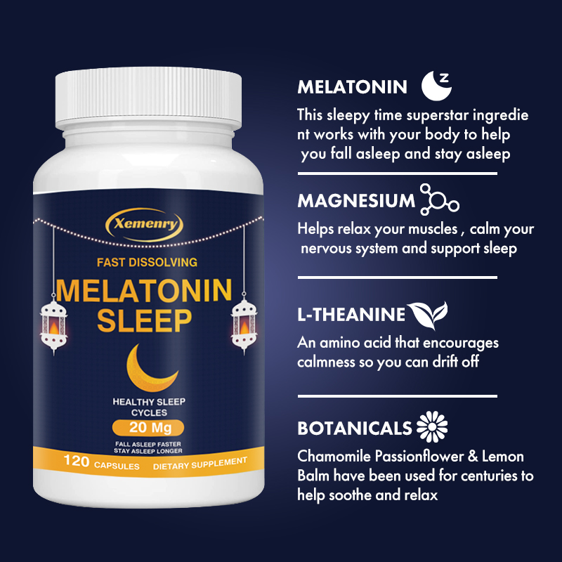 Viên nang ngủ Xemenry chứa 20mg melatonin + magie + theanine giúp bạn nhanh chóng chìm vào giấc ngủ