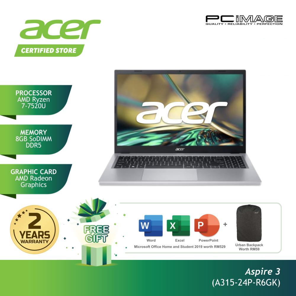Acer Aspire 3 A315-24P-R6GK/R4RQ 15.6" Laptop (Ryzen 5 7520U| 8GB@16GB|512GB|AMD Radeon|W11H|HNS21|Silver) FOC BACKPACK