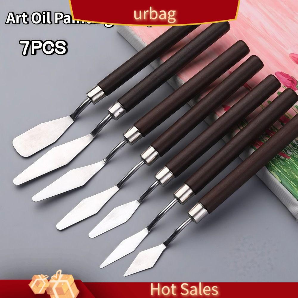 URBAG 7PCS Thép không gỉ Bộ cọ vẽ tranh sơn dầu nghệ thuật Bằng gỗ Nhẹ Bộ cọ vẽ Di động Ngăn ngừa rỉ sét Xẻng trộn sơn màu nước Công cụ vẽ