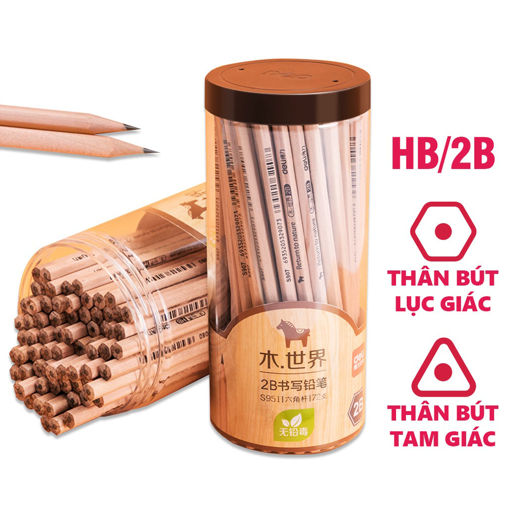 Hộp 50 Bút Chì 2B HB Thân Gỗ Lục Giác Tam Giác Deli - Bút Chì Tập Viết Cho Bé Thi Trắc Nghiệm Viết Chì Vẽ Phác Thảo