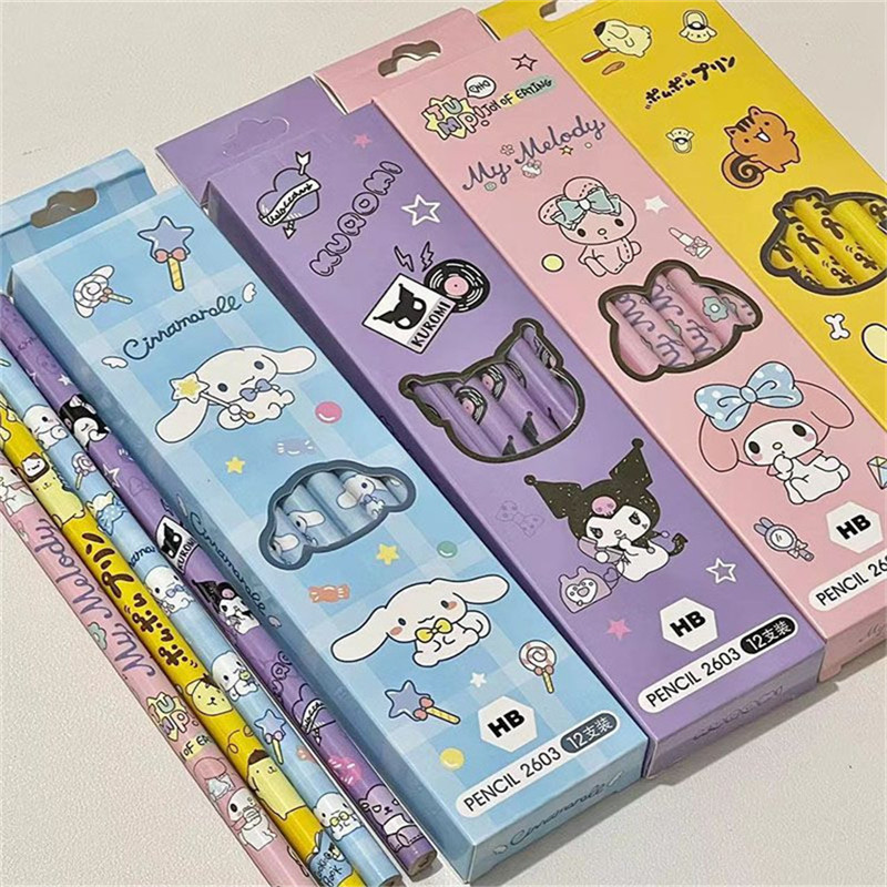 12pcs/Box Cute Pencil Kawaii Cinnamoroll My Melody Kuromi HB Black Write Draw Pencils Primary for Students Learning Equipment