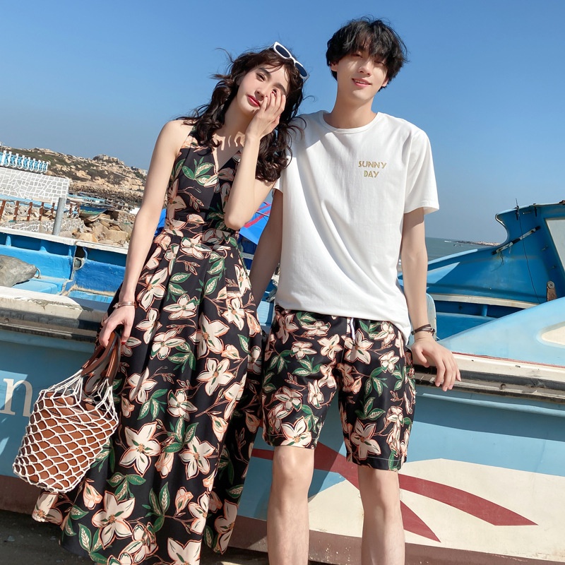 ~ Lover's Island-Couple Dress Áo thun ngắn tay Bộ đồ cặp đôi Đi biển Kỳ nghỉ Thời trang nữ Áo dài cổ trụ hở lưng Áo dài nữ đồ bộ đôi