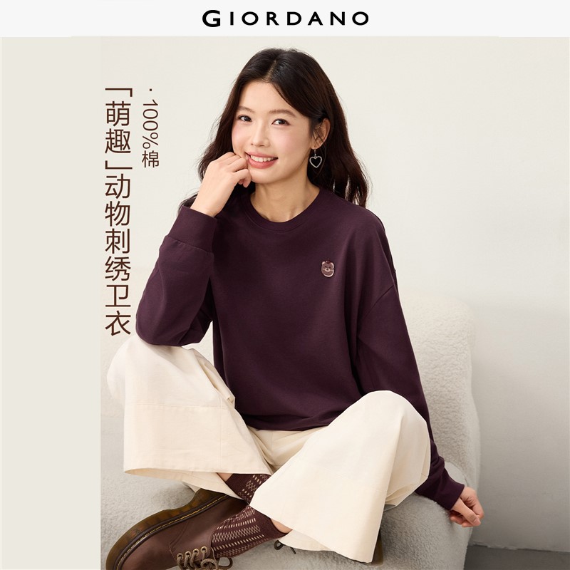 GIORDANO Women Sweatshirts 100% Cotton Small Embroidery Sweatshirts Crewneck Fashionable Casual Relaxed Sweatshirts 13326981