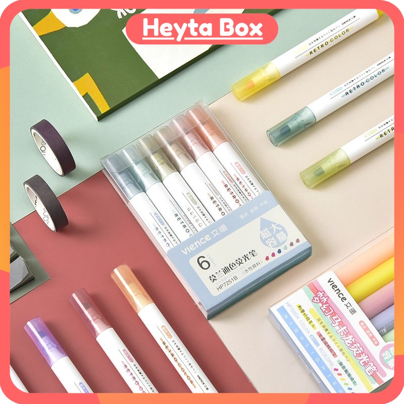 Bộ bút highlight dạ quang marker 6 màu ghi chú xinh xắn vience dq3