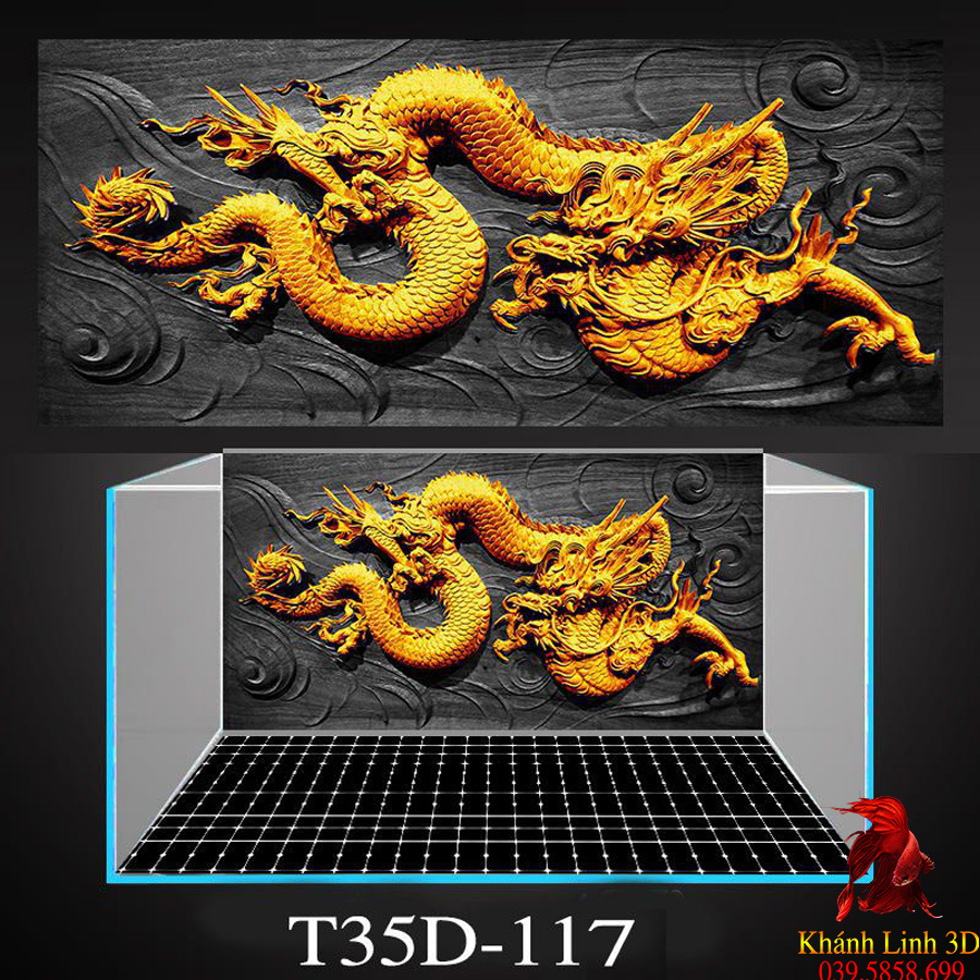 Tranh 3D dán bể cá mẫu Tranh Rồng Vàng Ngọa Long trang trí siêu đẹp