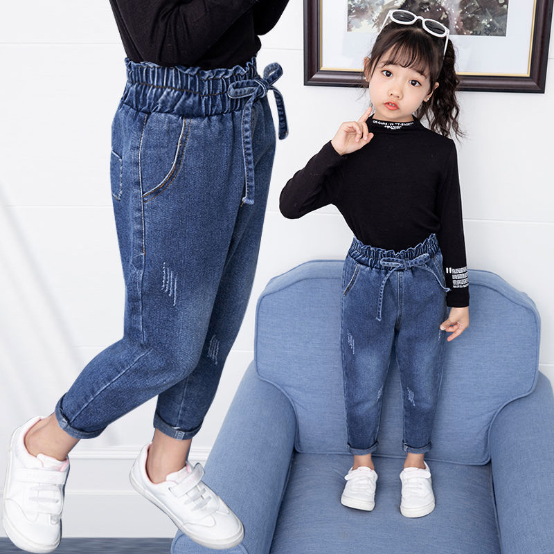 IENENS Children Jeans Girl Casual Loose Long Pants Spring and Autumn High Waist Jeans Fashion Kids Denim Trousers For 4-13 Years