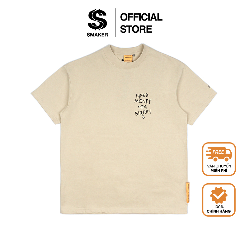 Áo thun 100% cotton chữ in kéo gân nổi - need money for birk..in tee in tan