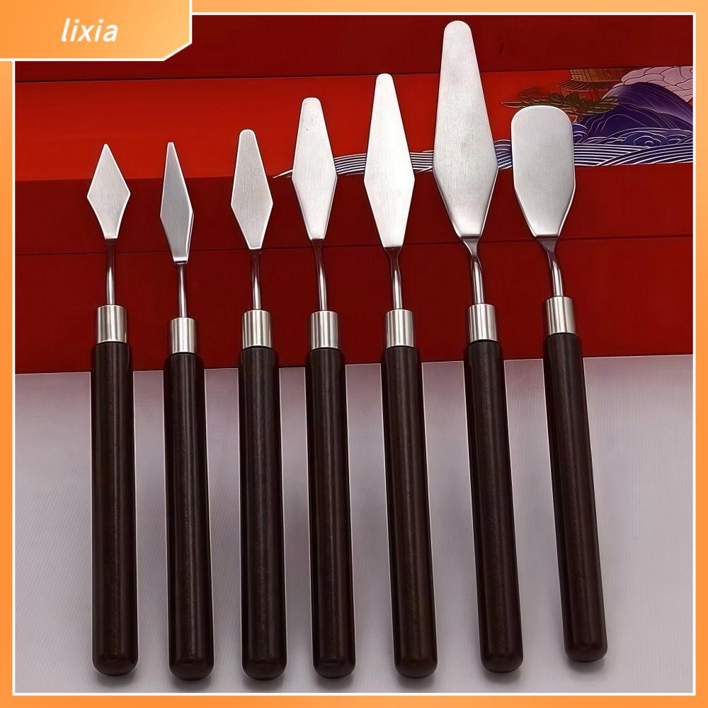 LIXIA 7PCS Thép không gỉ Bộ cọ vẽ tranh sơn dầu nghệ thuật Bằng gỗ Nhẹ Bộ cọ vẽ Di động Ngăn ngừa rỉ sét Xẻng trộn sơn màu nước Công cụ vẽ