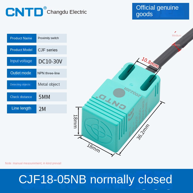 Cảm Biến Tiệm Cận CJF18-05NB CNTD | Tùy Chọn CJF18-05NA/NB/PA/PB/LA - NPN/PNP, 3 Dây DC, Phát Hiện Kim Loại 5-15mm Cho Tự Động Hóa