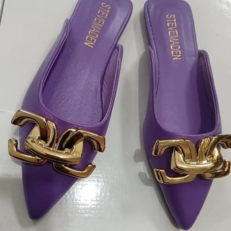 【A shoe store】 Ladies Shoes 2024 Slingbacks Women's Slippers New Metal Decoration Daily Women's Slippers Women Sexy Pointed Toe Flat Slippers