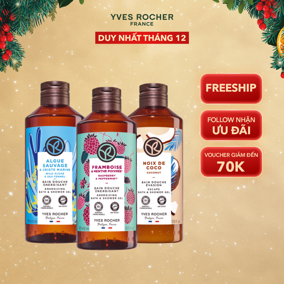 Combo 3 Sữa Tắm Thiên Nhiên Yves Rocher Hương Biên - Mâm Xôi Đỏ - Dừa 400mlx3