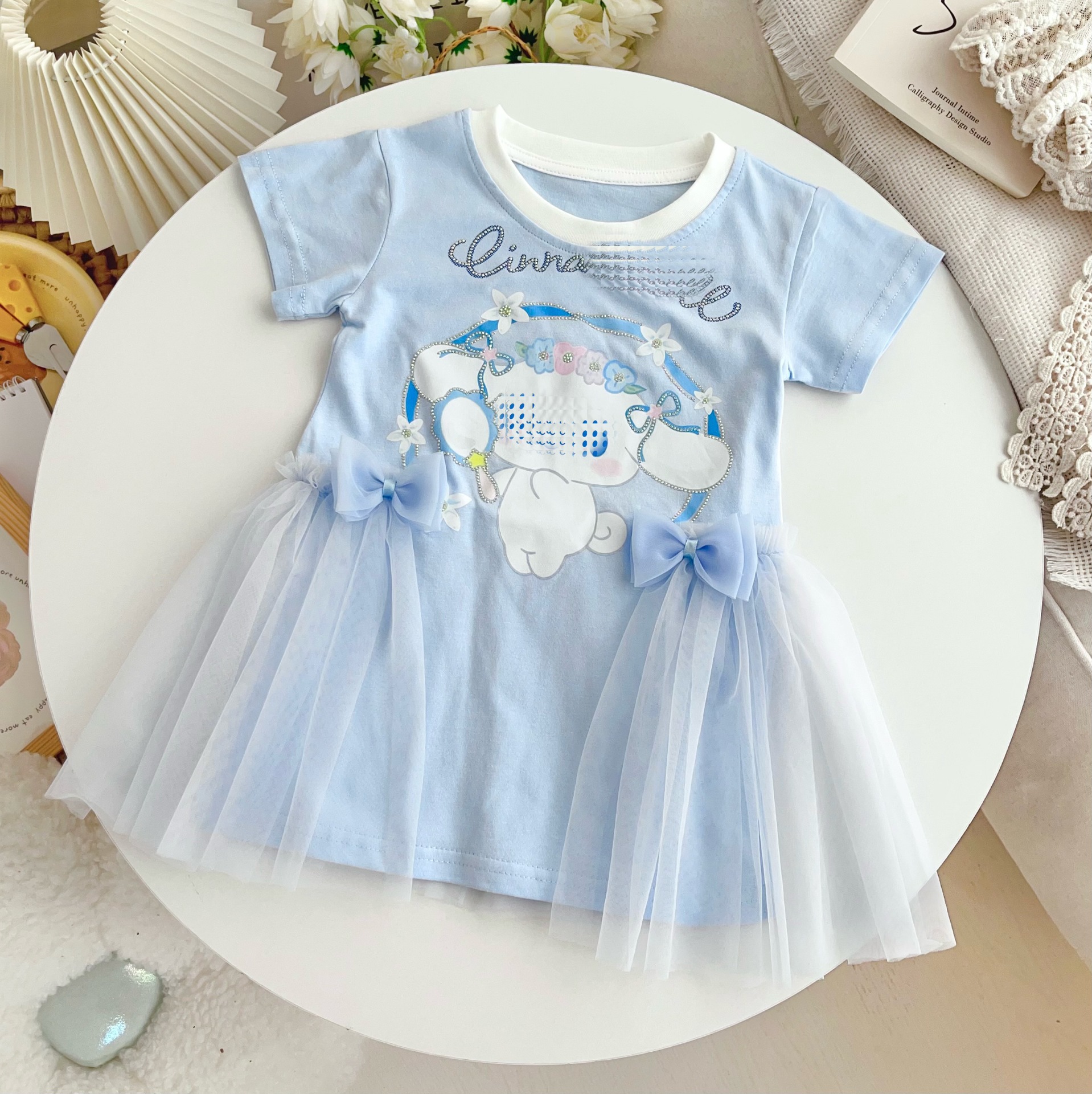 【 100% Cotton 】 Summer Dress for Girls Short Sleeved Mesh Princess Dress for Kids Diamond Sparkling Cute Baju Budak Perempuan Kuromi Princess Dresses for Kids Girl Dress Budak Perempuan - 2