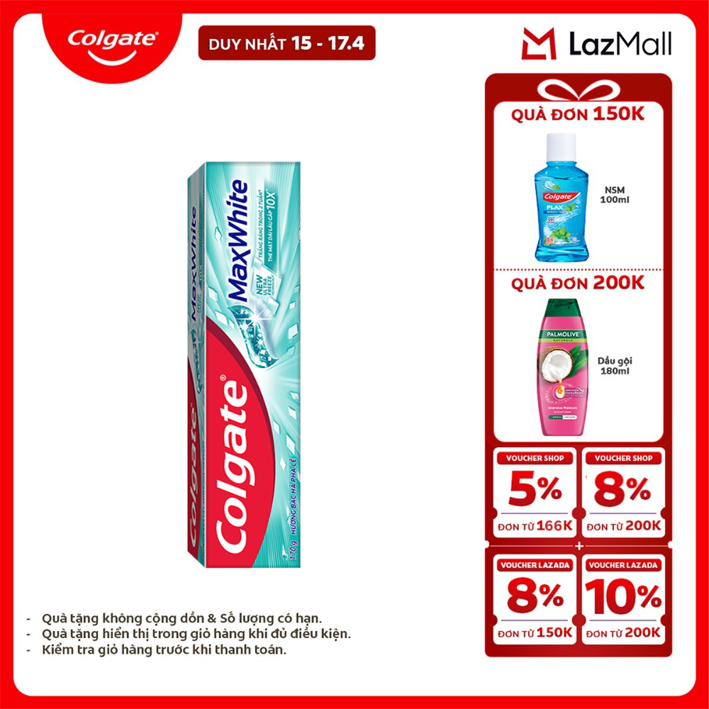 [Chỉ 15-17.4_X2 Voucher giảm đến 18%] Kem đánh răng Colgate MaxWhite tinh thể the mát, làm trắng răng trong 2 tuần